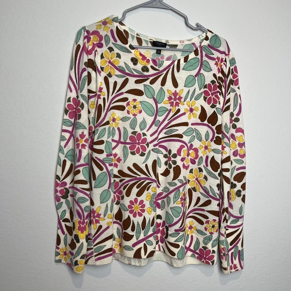 Talbots Sweater Womens Petites XLP Multicolor Floral Merino Wool Knit Crewneck